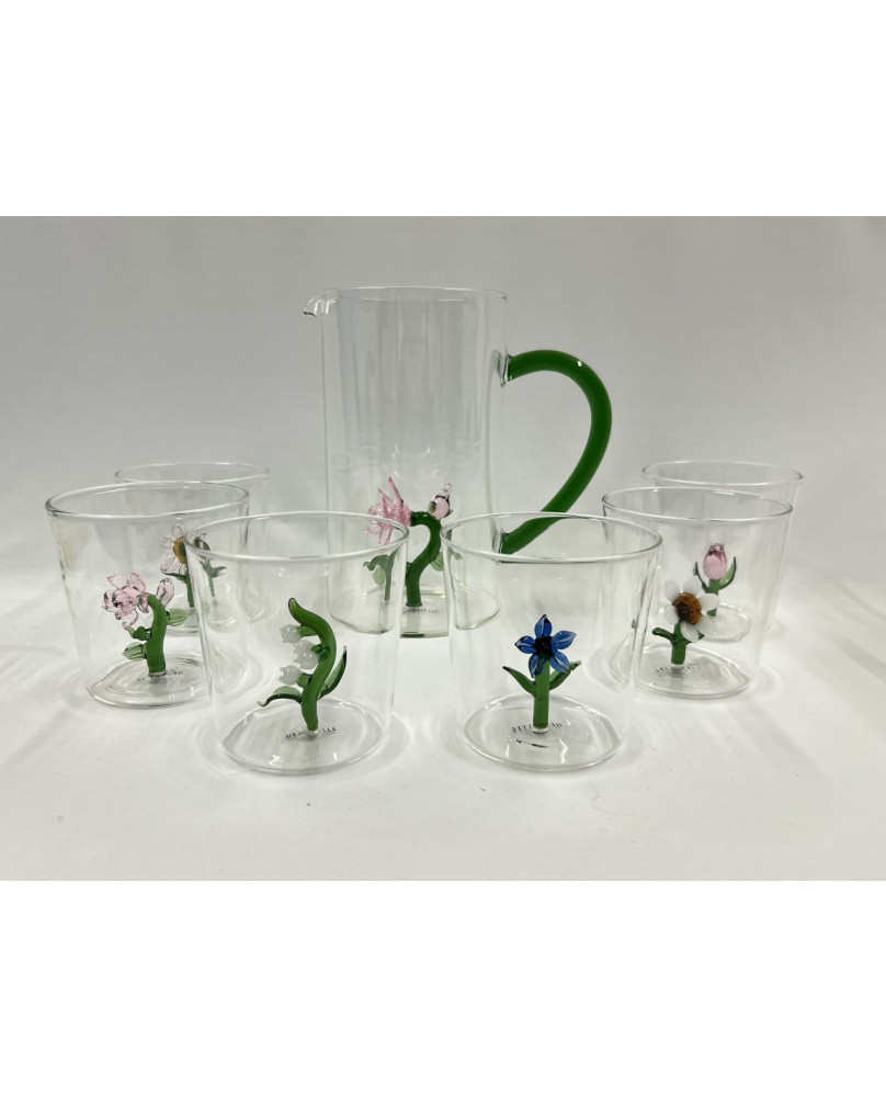 Set 6 Bicchieri e Caraffa  con Decorazione Fiori 3D