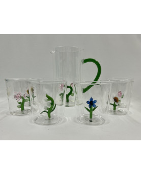 Set 6 Bicchieri e Caraffa  con Decorazione Fiori 3D