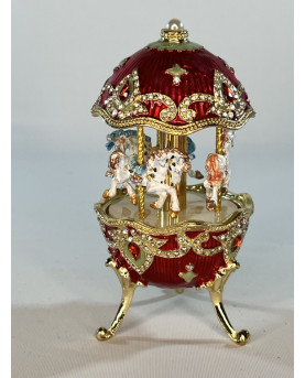 Red Carousel Music Box With Horses H12