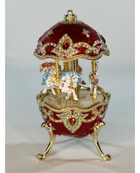 Red Carousel Music Box With Horses H12